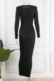 Green Casual Solid Patchwork Fold O Neck One Step Skirt Dresses