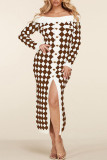 Coffee Elegant Print Patchwork Off the Shoulder Pencil Skirt Dresses