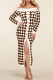 Coffee Elegant Print Patchwork Off the Shoulder Pencil Skirt Dresses