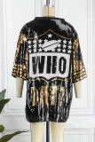 Black Street Patchwork Sequins O Neck Straight Dresses