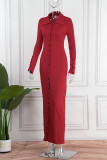 Red Sexy Solid Patchwork Buckle Slit Turndown Collar One Step Skirt Dresses