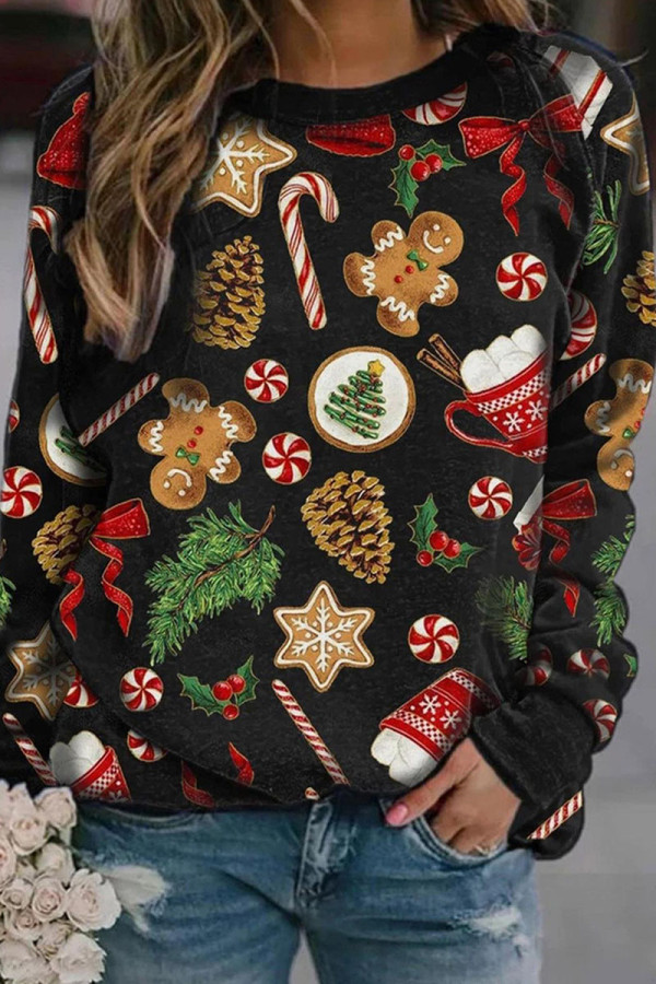 Black Casual Print Patchwork O Neck Tops