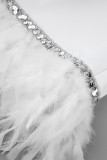 White Elegant Solid Patchwork Feathers O Neck Evening Dress Dresses