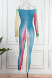 Colour Sexy Print Bandage Hollowed Out Patchwork Off the Shoulder Skinny Jumpsuits