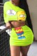 Fluorescent Green Street Character Letter O Neck Long Sleeve Two Pieces