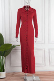 Red Sexy Solid Patchwork Buckle Slit Turndown Collar One Step Skirt Dresses