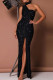 Black Sexy Solid Sequins Patchwork Slit Asymmetrical Collar Evening Dress Dresses