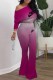 Fuchsia Casual Gradual Change Letter Oblique Collar Long Sleeve Two Pieces