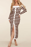 Coffee Elegant Print Patchwork Off the Shoulder Pencil Skirt Dresses