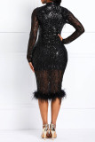 Black Elegant Solid Sequins Patchwork Feathers O Neck Pencil Skirt Dresses