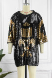 Black Street Patchwork Sequins O Neck Straight Dresses