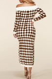 Coffee Elegant Print Patchwork Off the Shoulder Pencil Skirt Dresses
