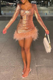 Pink Sexy Solid Sequins Patchwork Feathers Square Collar One Step Skirt Dresses