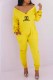 Yellow Casual Print Letter V Neck Jumpsuits