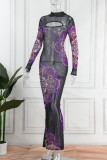 Black Sexy Print Mesh Half A Turtleneck Pencil Skirt Dresses