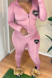 Pink Casual Print Patchwork Zipper Hooded Collar Long Sleeve Two Pieces