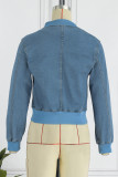 Light Blue Street Solid Patchwork Zipper Collar Long Sleeve Harlan Denim Jacket