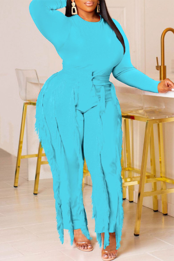 Light Blue Casual Solid Tassel Patchwork O Neck Long Sleeve Two Pieces