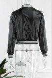 Black Casual Solid Patchwork Buckle Cardigan Collar Outerwear