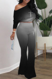 Fuchsia Casual Gradual Change Print Basic Oblique Collar Long Sleeve Two Pieces