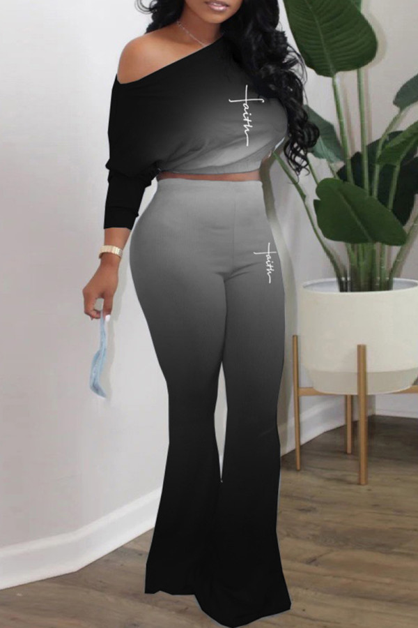 Black Casual Gradual Change Print Basic Oblique Collar Long Sleeve Two Pieces