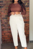 White Casual Solid Patchwork With Belt High Waist Straight Solid Color Bottoms