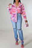 Rose Red Casual Print Patchwork Buckle Turndown Collar Tops