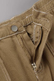 Brown Casual Street Solid Patchwork Pocket High Waist Straight Solid Color Bottoms