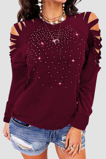 Burgundy Casual Solid Ripped Patchwork Hot Drill O Neck Tops