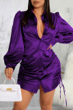 Blue Casual Solid Patchwork Draw String Buckle Turndown Collar Shirt Dress Dresses