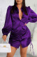 Purple Casual Solid Patchwork Draw String Buckle Turndown Collar Shirt Dress Dresses