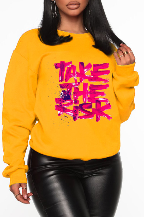 Yellow Street Print Letter O Neck Tops
