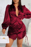 Blue Casual Solid Patchwork Draw String Buckle Turndown Collar Shirt Dress Dresses