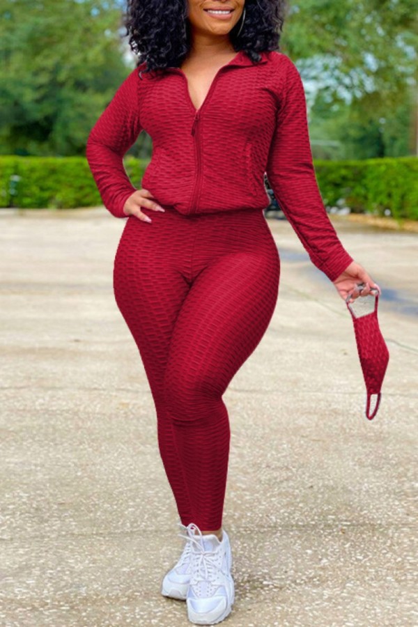 Burgundy Casual Solid Patchwork Zipper Collar Long Sleeve Two Pieces (With Mask)