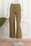 Brown Casual Street Solid Patchwork Pocket High Waist Straight Solid Color Bottoms