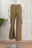 Brown Casual Street Solid Patchwork Pocket High Waist Straight Solid Color Bottoms