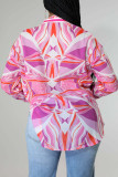 Rose Red Casual Print Patchwork Buckle Turndown Collar Tops