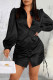 Black Casual Solid Patchwork Draw String Buckle Turndown Collar Shirt Dress Dresses