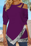 Purple Casual Solid Hollowed Out Sequins Patchwork Asymmetrical O Neck Tops