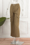 Brown Casual Street Solid Patchwork Pocket High Waist Straight Solid Color Bottoms