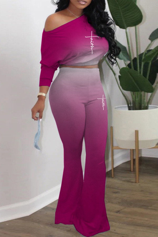 Fuchsia Casual Gradual Change Print Basic Oblique Collar Long Sleeve Two Pieces