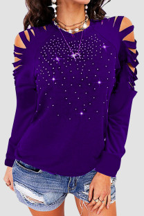 Purple Casual Solid Ripped Patchwork Hot Drill O Neck Tops