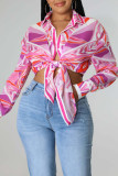 Rose Red Casual Print Patchwork Buckle Turndown Collar Tops