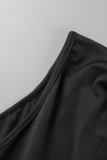Black Casual Print Patchwork Oblique Collar Straight Jumpsuits