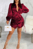 Blue Casual Solid Patchwork Draw String Buckle Turndown Collar Shirt Dress Dresses