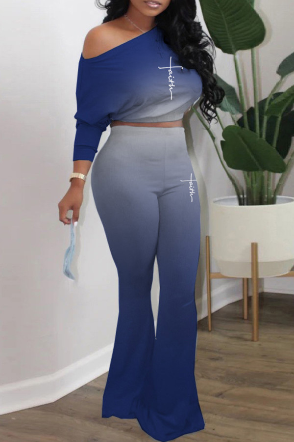 Blue Casual Gradual Change Print Basic Oblique Collar Long Sleeve Two Pieces