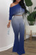 Blue Casual Gradual Change Print Basic Oblique Collar Long Sleeve Two Pieces