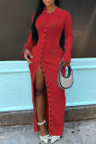 Red Sexy Solid Patchwork Buckle Slit Turndown Collar One Step Skirt Dresses
