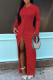 Red Sexy Solid Patchwork Buckle Slit Turndown Collar One Step Skirt Dresses
