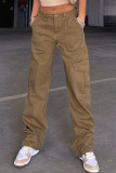 Brown Casual Street Solid Patchwork Pocket High Waist Straight Solid Color Bottoms